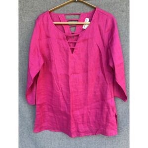 Peck & Peck Small 100% Linen Shirt Pink Cutout Coastal